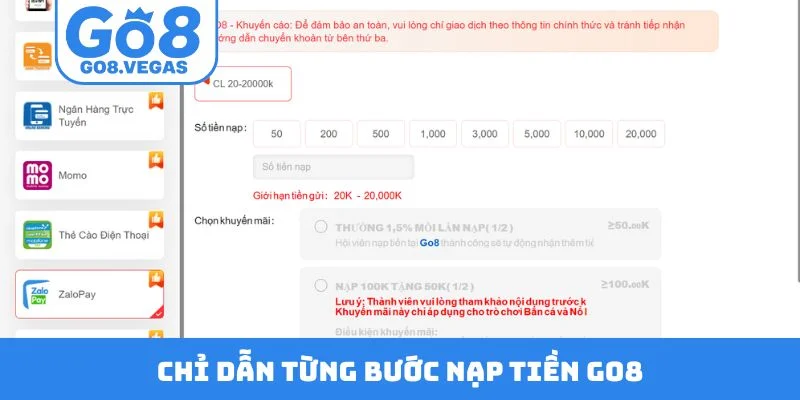 Chỉ dẫn từng bước nạp tiền GO8 Chỉ dẫn từng bước nạp tiền GO8